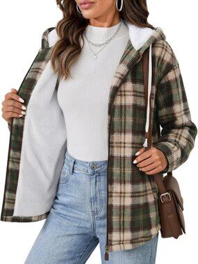 Cozy Plaid Fleece Flannel Jacket with Zipper, Sherpa Hooded Warm Coat for Women